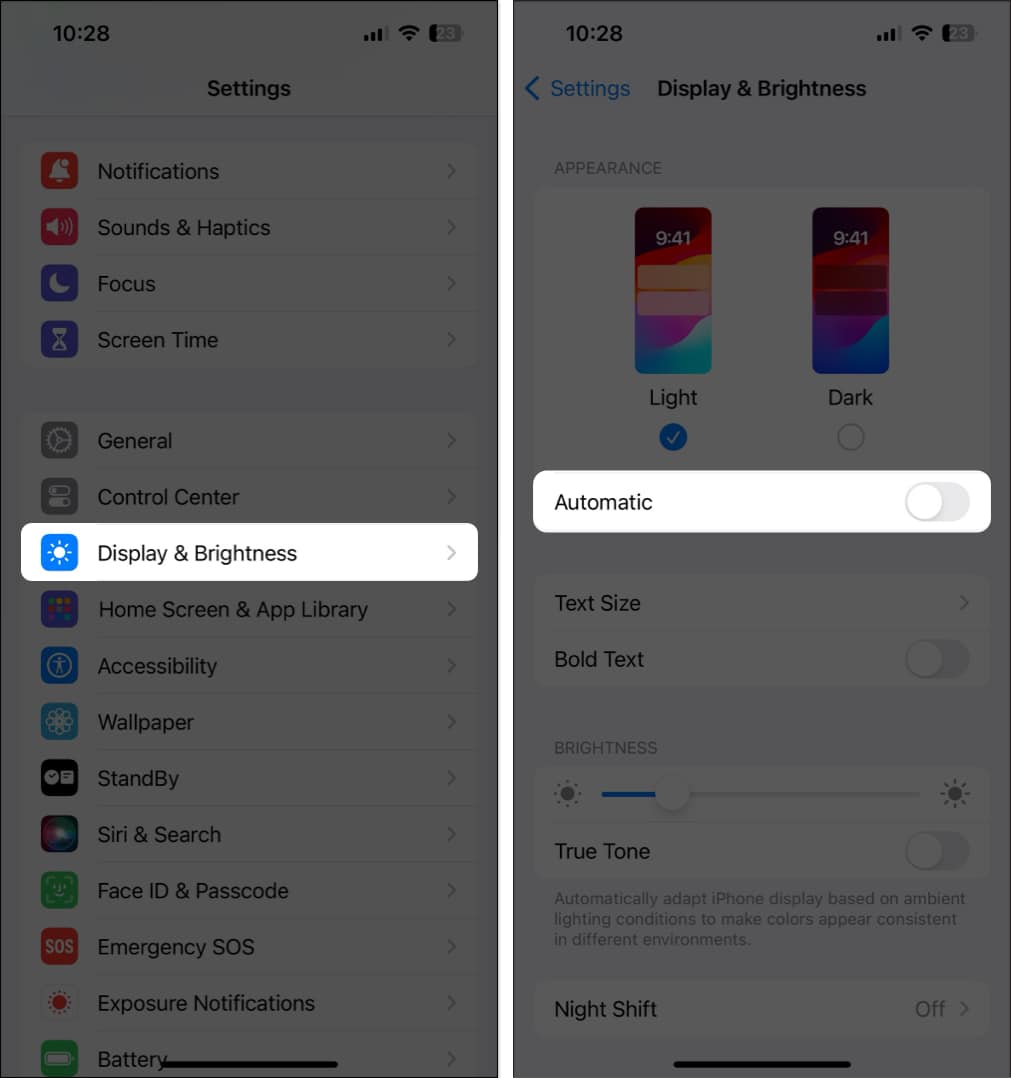 turn off automatic dark mode on iPhone
