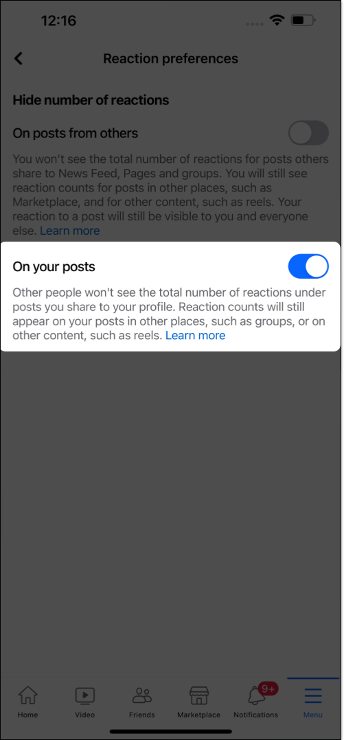 Toggle on on your posts to hide facebook likes