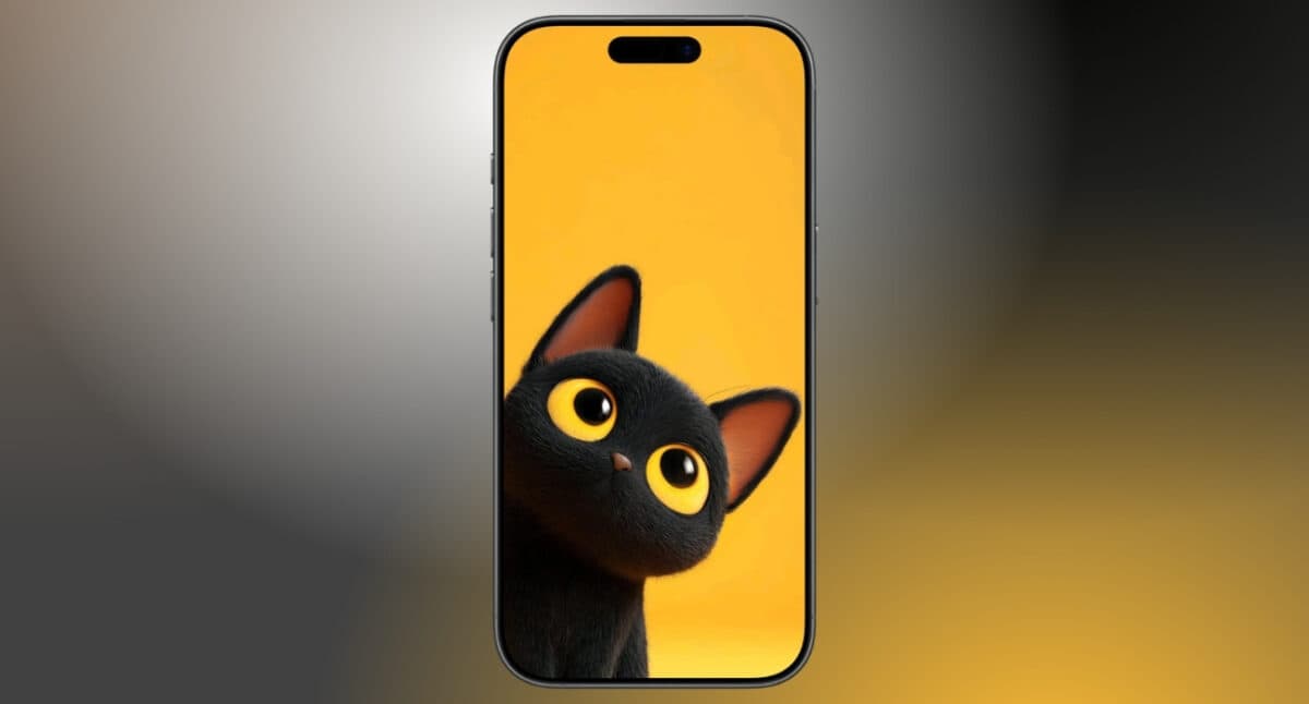 Curious black cat on yellow background