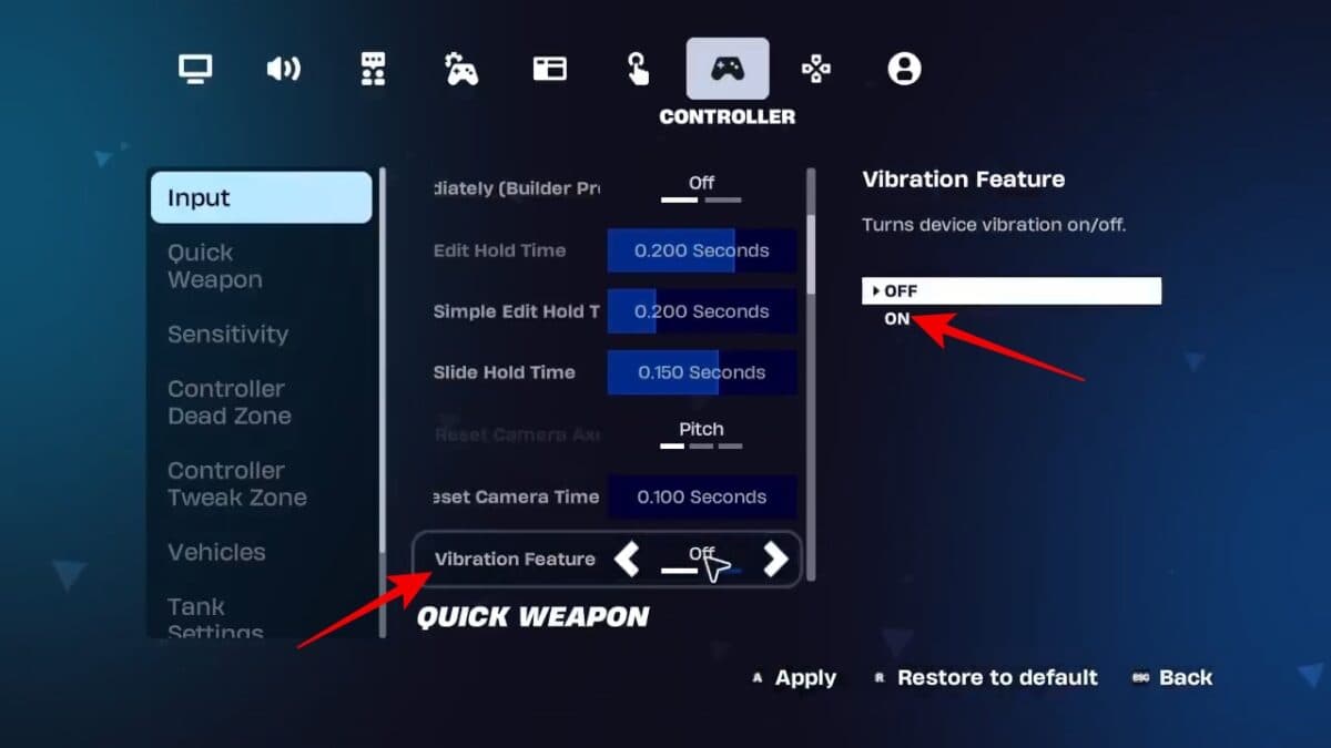 Fortnite controller vibration setting screen