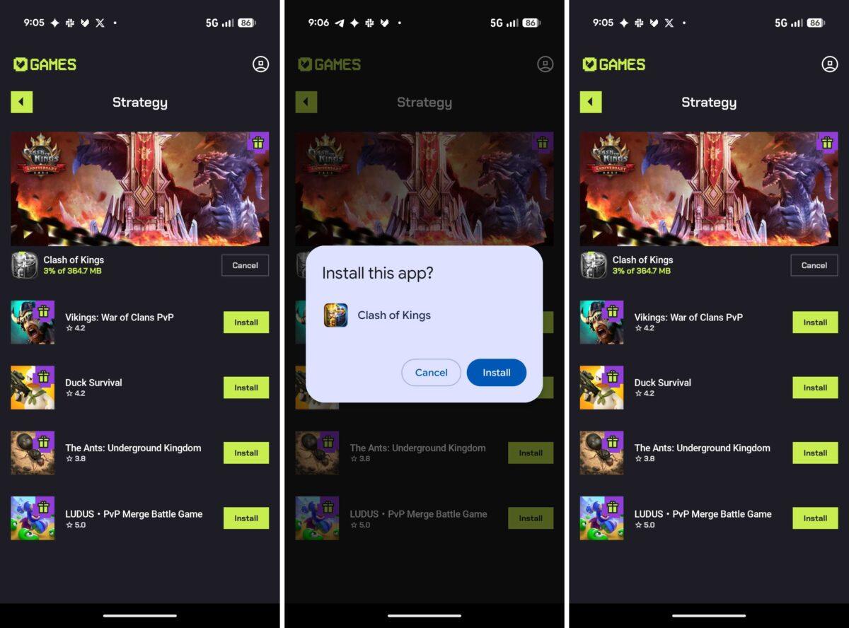 Mobile app store page showing Strategy games with thumbnails and Install buttons on a dark theme.