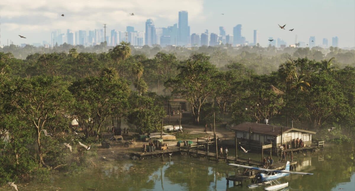 Mangrove shoreline with a wooden dock, small building, and a seaplane on calm water; city skyline visible in the distance.