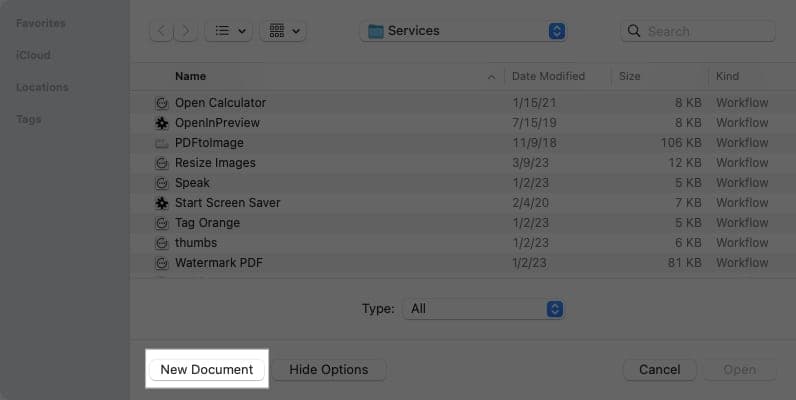 New Document button in the Automator app on a Mac.
