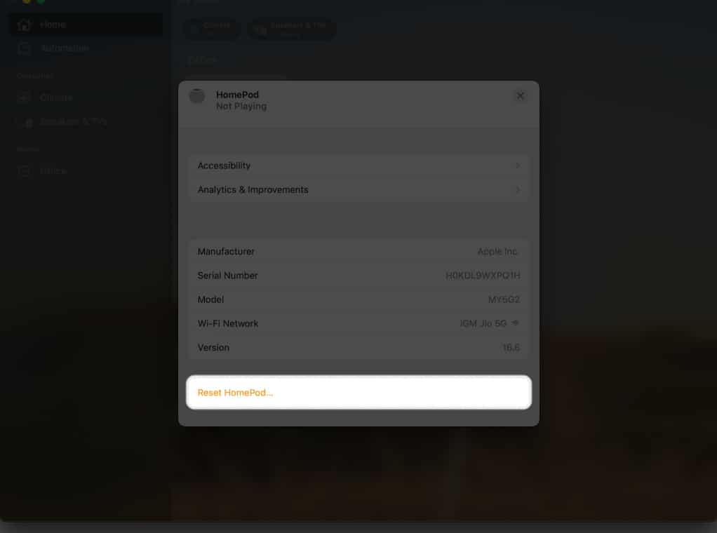 Click Reset Homepod on Mac