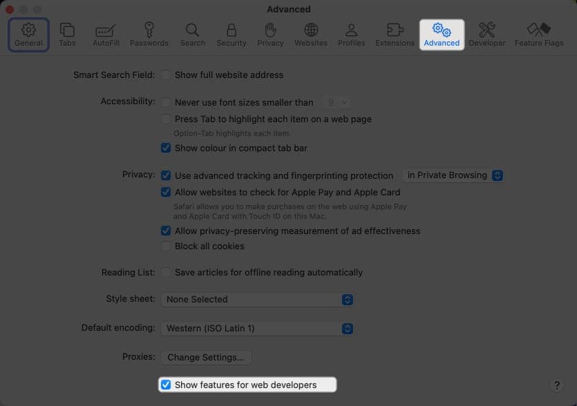 Enable Show features for web developers