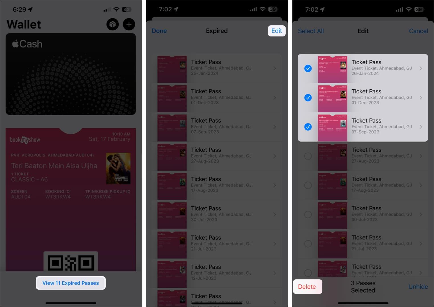 Tap on Expired pass, edit, select multiple pass and tap Delete