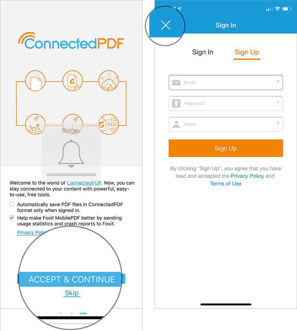 Agree the Terms and Conditions and ignore sign up option in iOS Foxit MobilePDF App