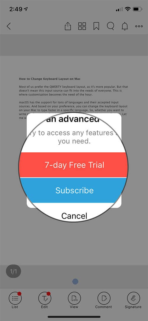 Select 7 day Free Trial Option in Foxit MobilePDF App