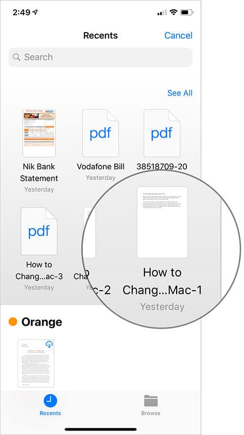 Select the File you wish to Password Protect on iPhone