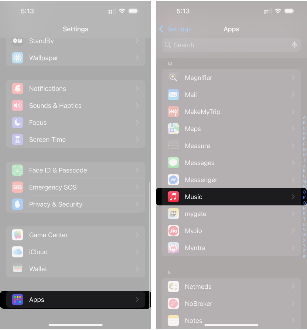 Open Settings, go to Apps, and select Music