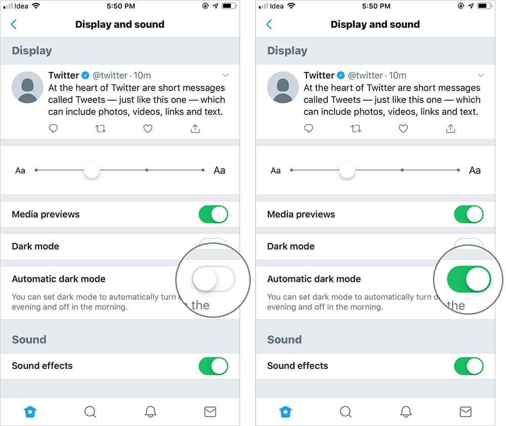 Turn ON Automatic dark mode in Twitter app