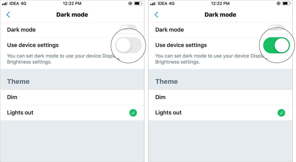 Turn ON Use device settings to Enable Twitter Dark Mode for iOS 13 Device