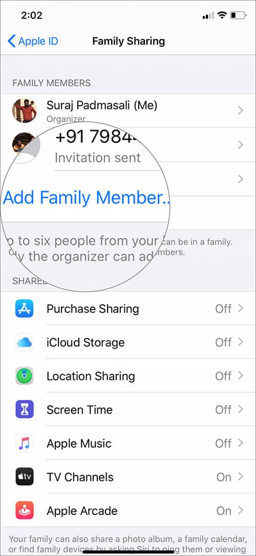 Add Family Member to Enable Family Sharing for Apple TV Plus on iPhone