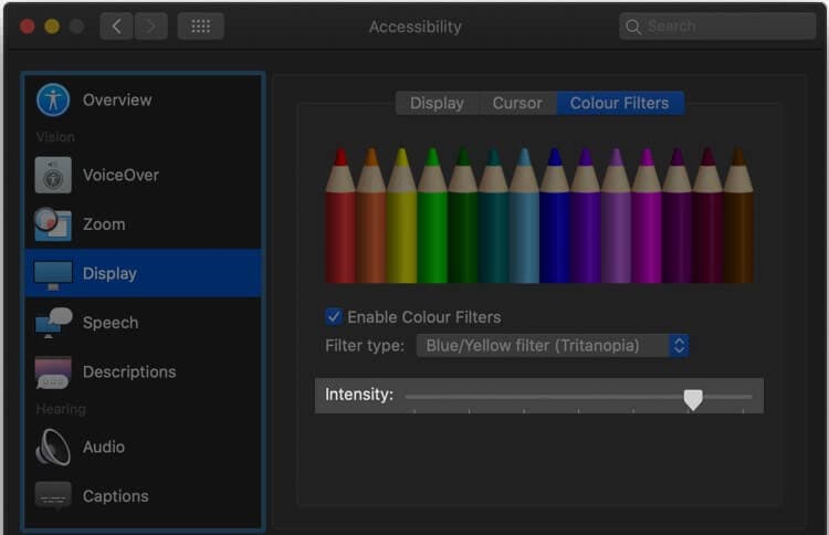 Adjust Intensity of Color Filter from under display from Accessibility Setting on Mac