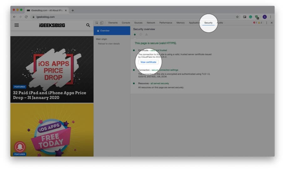 Select Security and Click on View Certificate in Google Chrome on Mac