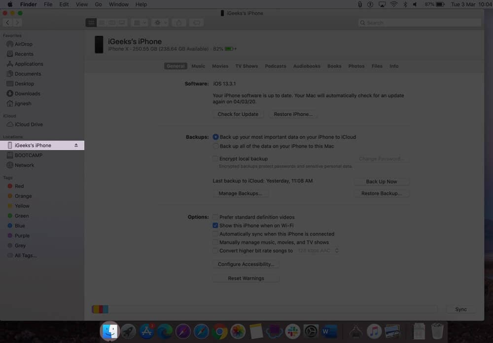 Open Finder and Click on Device Name on Mac
