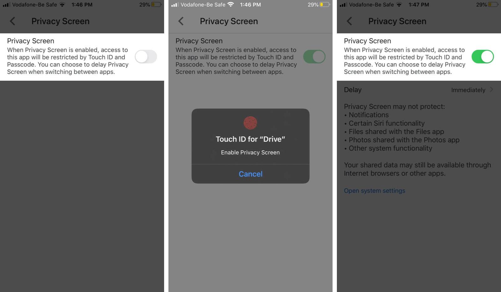 Turn On Privacy Screen Feature in Google Drive on iPhone