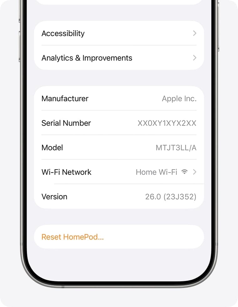 Tap Reset HomePod and select Remove Accessory