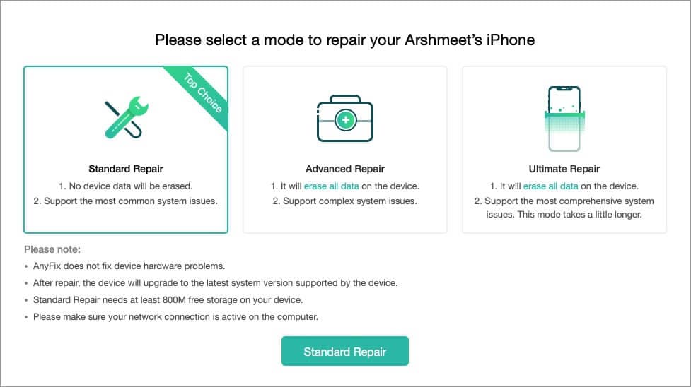 select preferred option in anyfix software