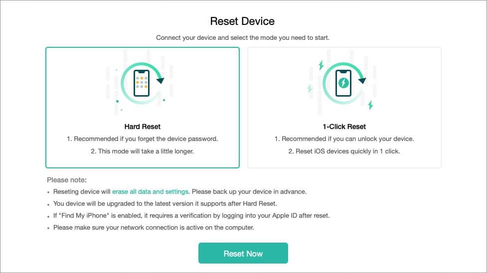 select preferred option to reset your ios device using anyfix recovery software