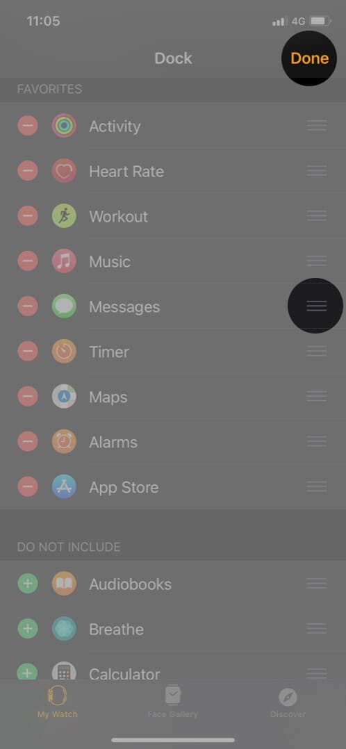 touch and hold three lines icon and drag app then tap on done to organize apple watch dock