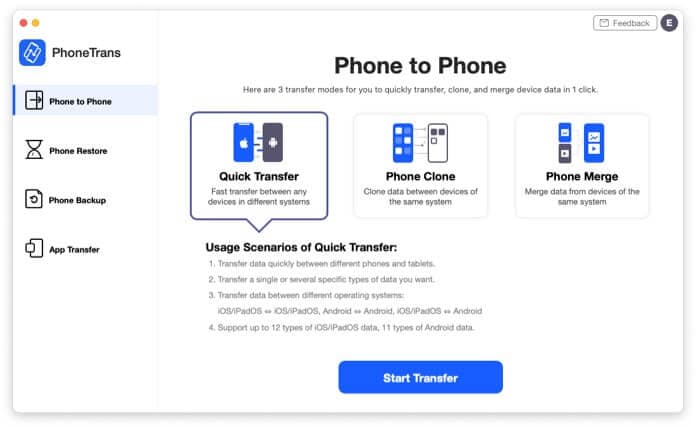 Transfer options in PhoneTrans app to transfer iPhone data
