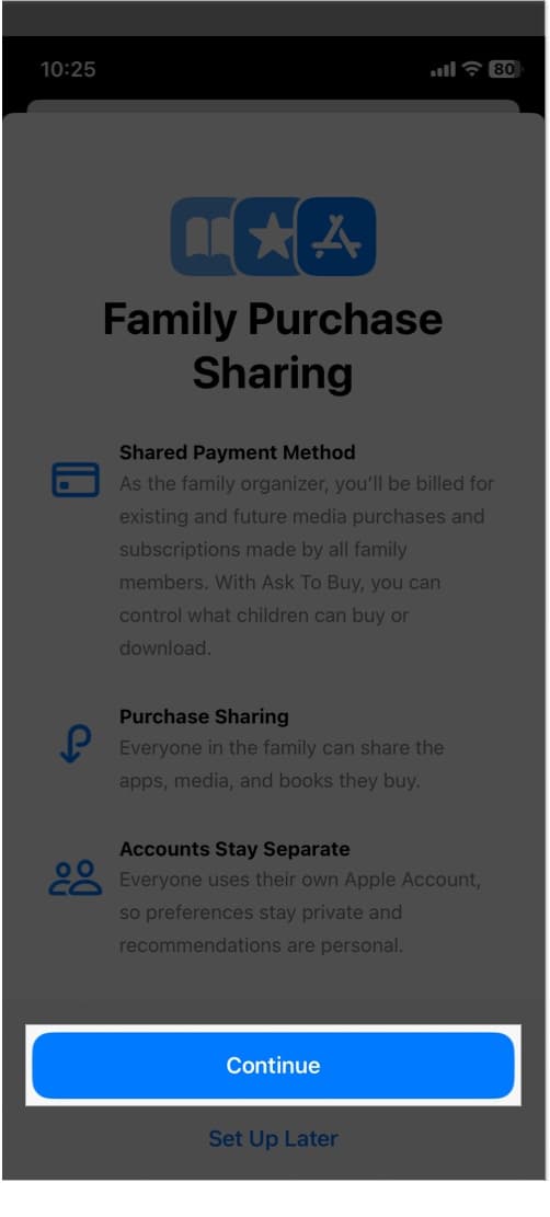 tap to continue download apps on iPhone using family sharing method.