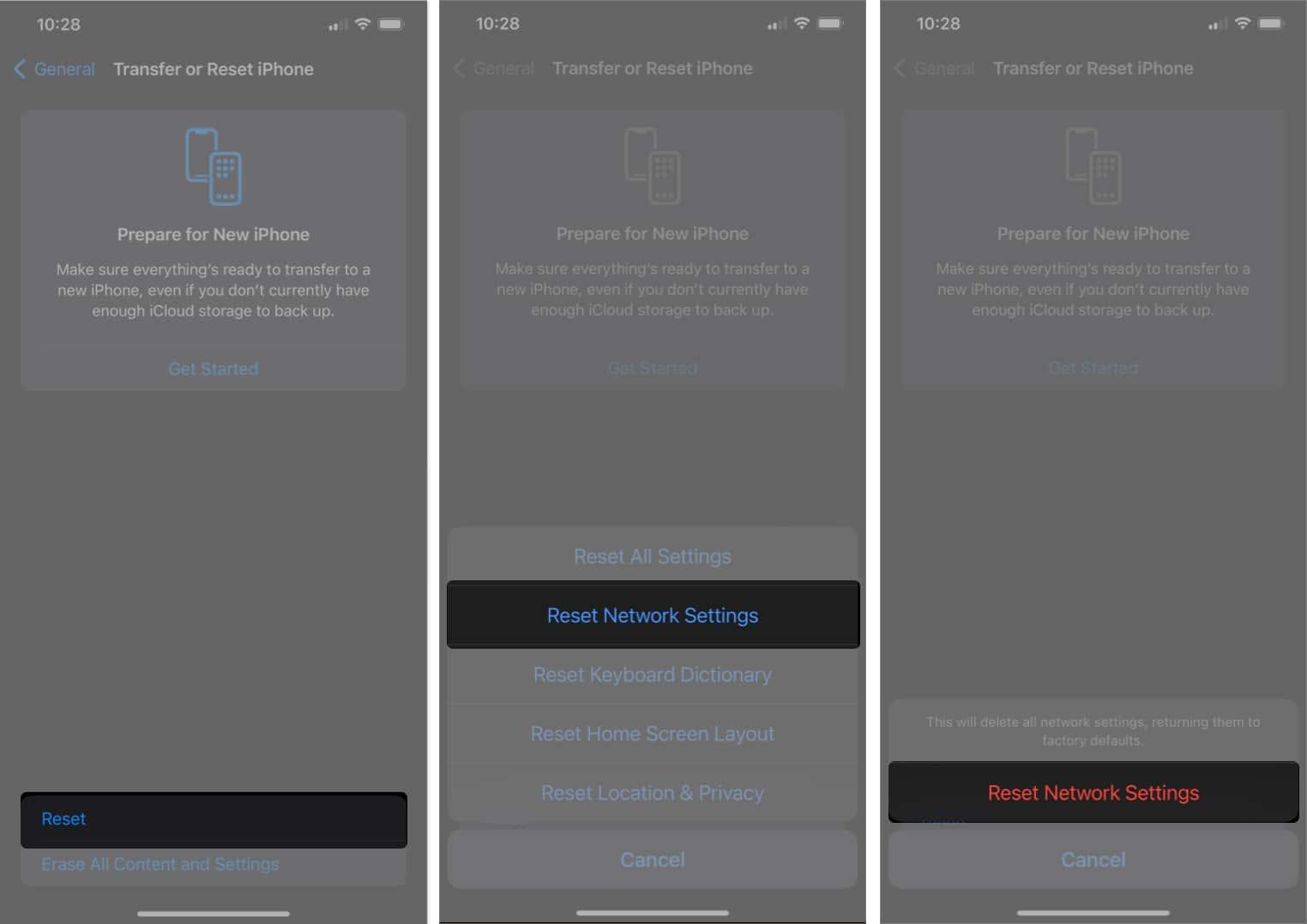 Reset network settings screen