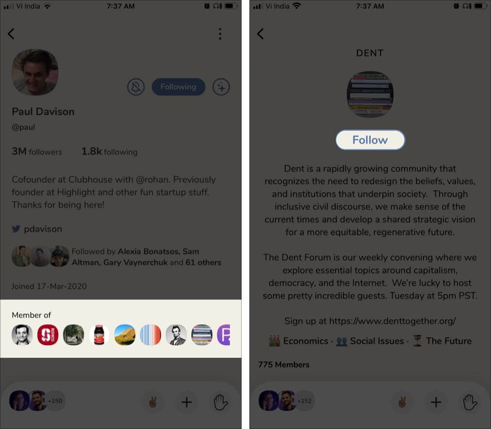 Find which clubs you or others follow in Clubhouse app