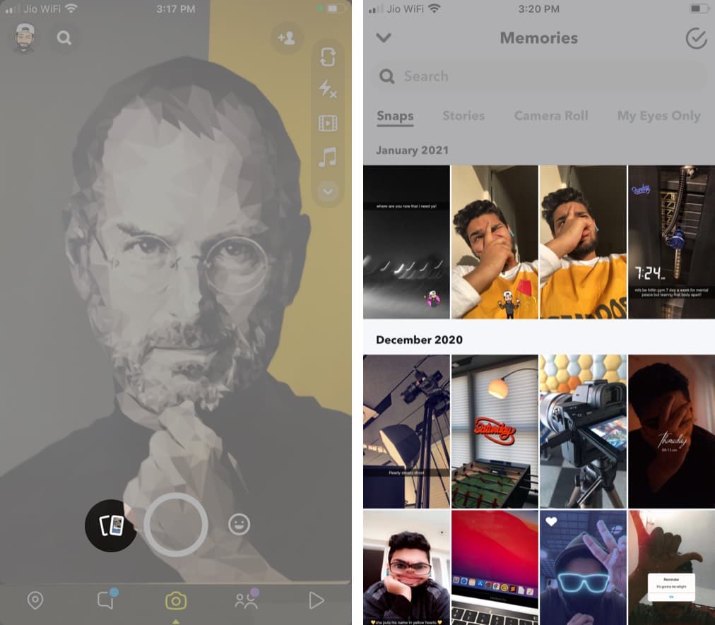 Open Snapchat on iPhone and tap Memories button