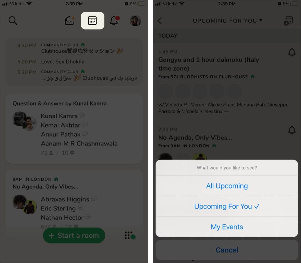 See upcoming or scheduled rooms in Clubhouse app