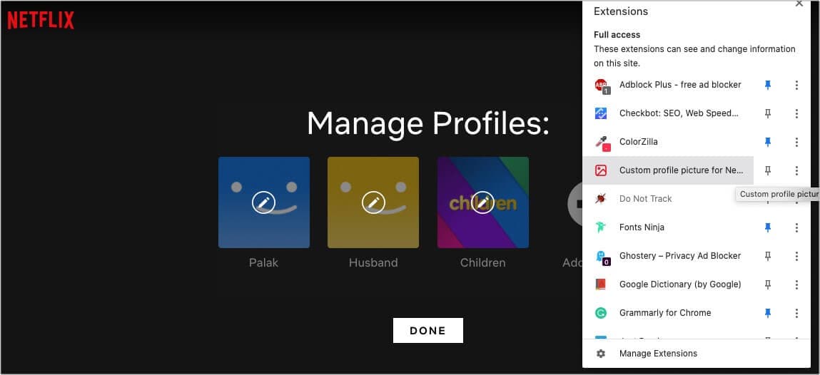 Open extension Custom Profile Picture for Netflix
