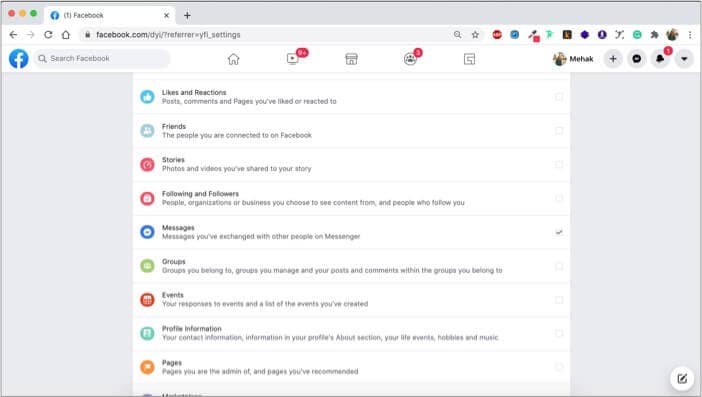 Select Messages check box to download FB Messenger history on Desktop
