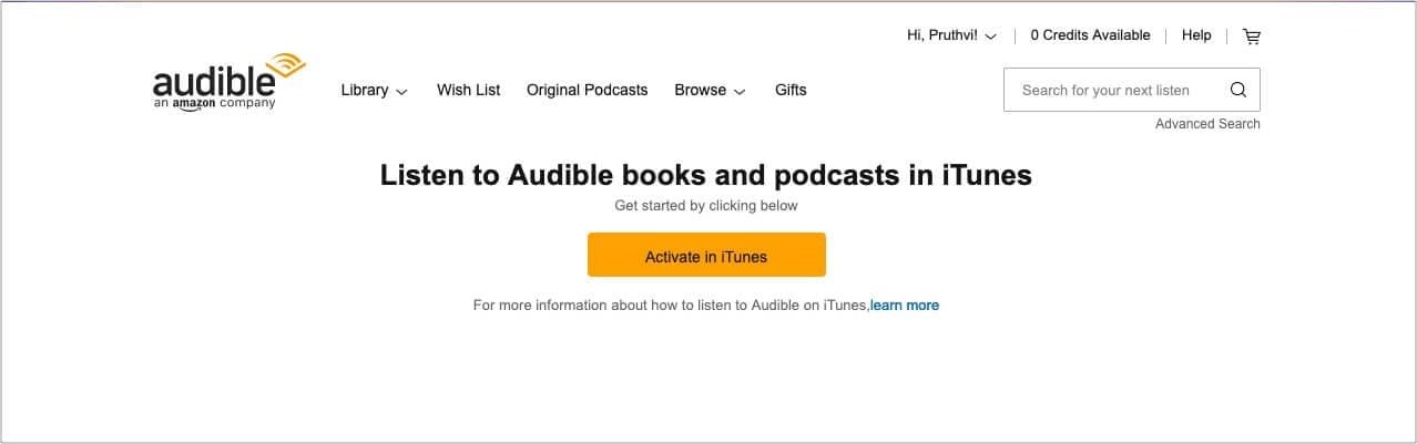 Sing in using Audible and Click Activate in iTunes
