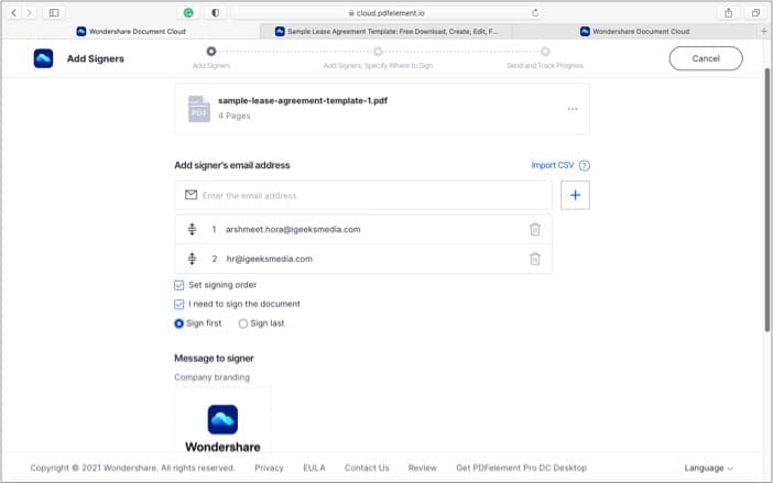 Option to sign first or last in Wondershare Document Cloud