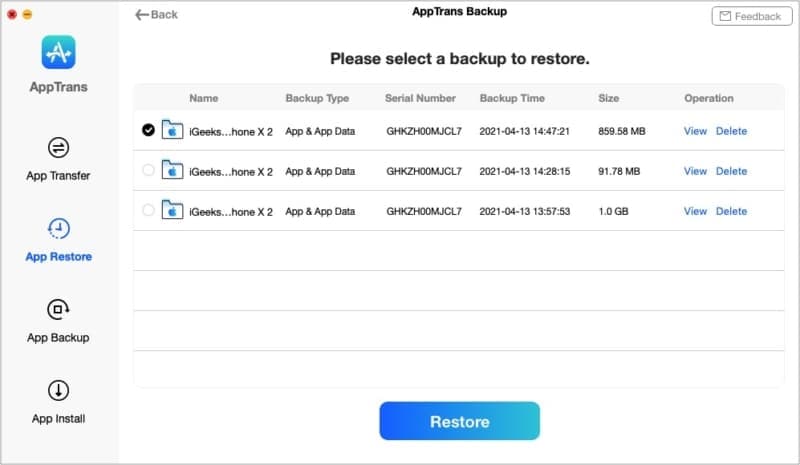 Select a backup to restore via AppTrans