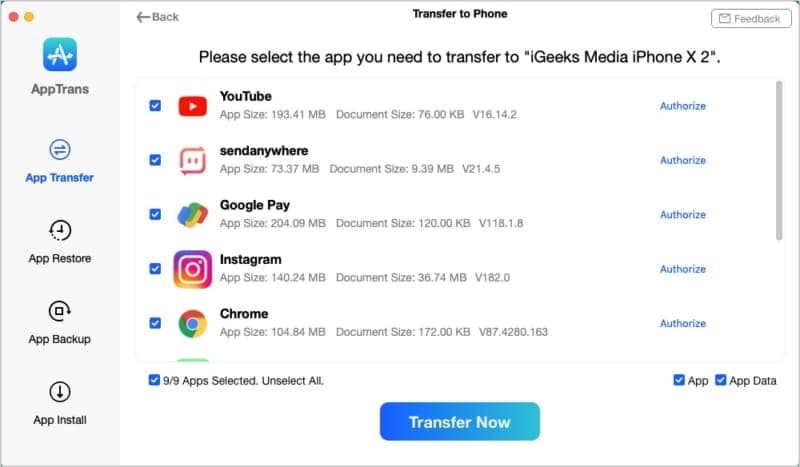 Transfer apps and their data to another iPhone via AppTrans