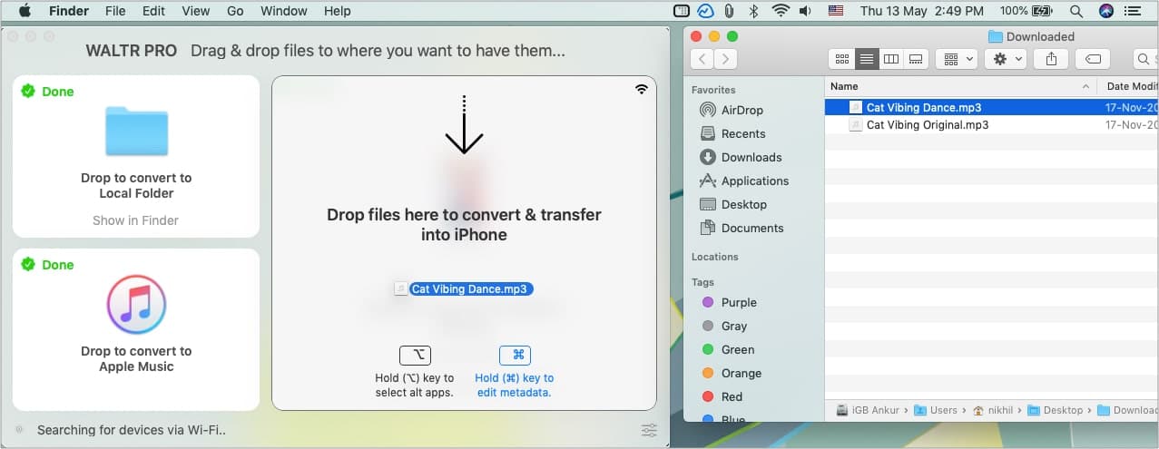 Press Command and Drag and drop music file on WALTR PRO
