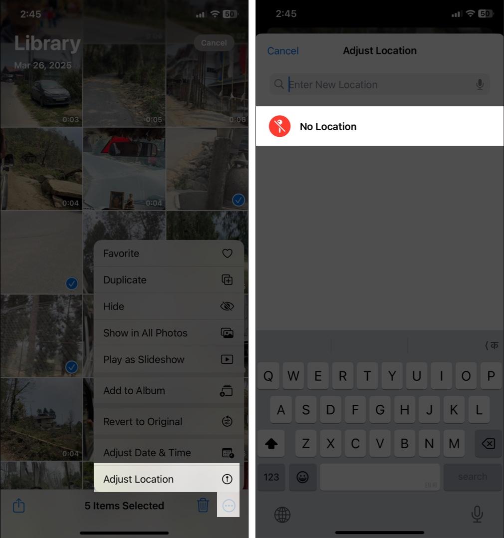 Adjust photo location on iPhone by selecting three dots menu and choosing No Location option.