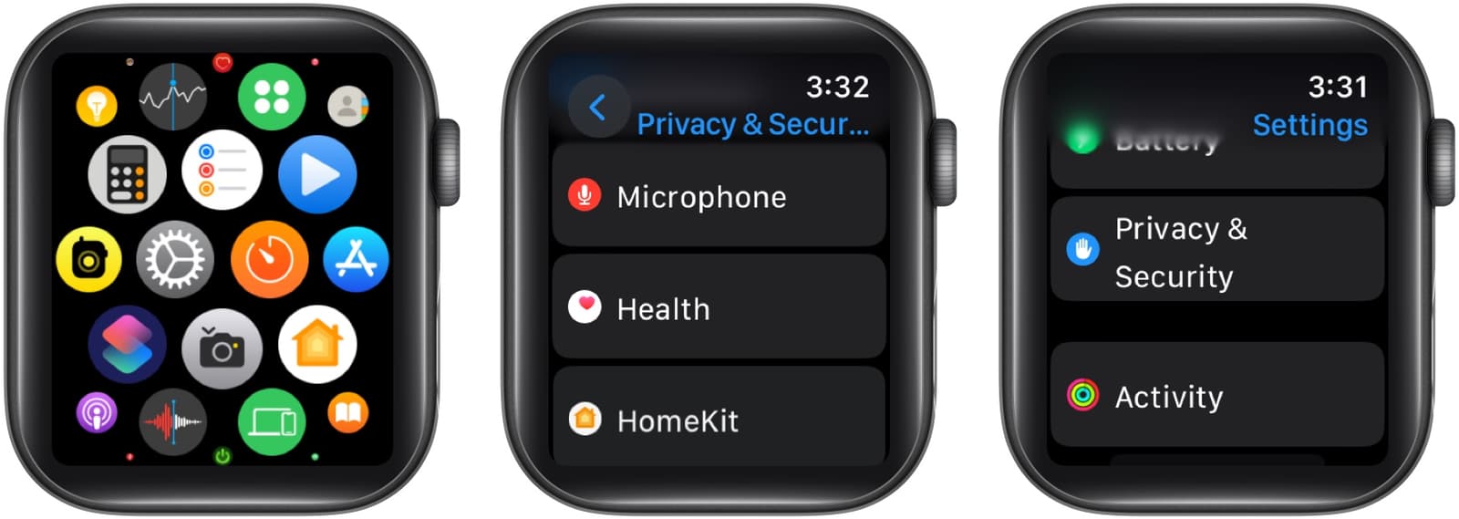 Go to Privacy and Security in Health Settings on Apple Watch.