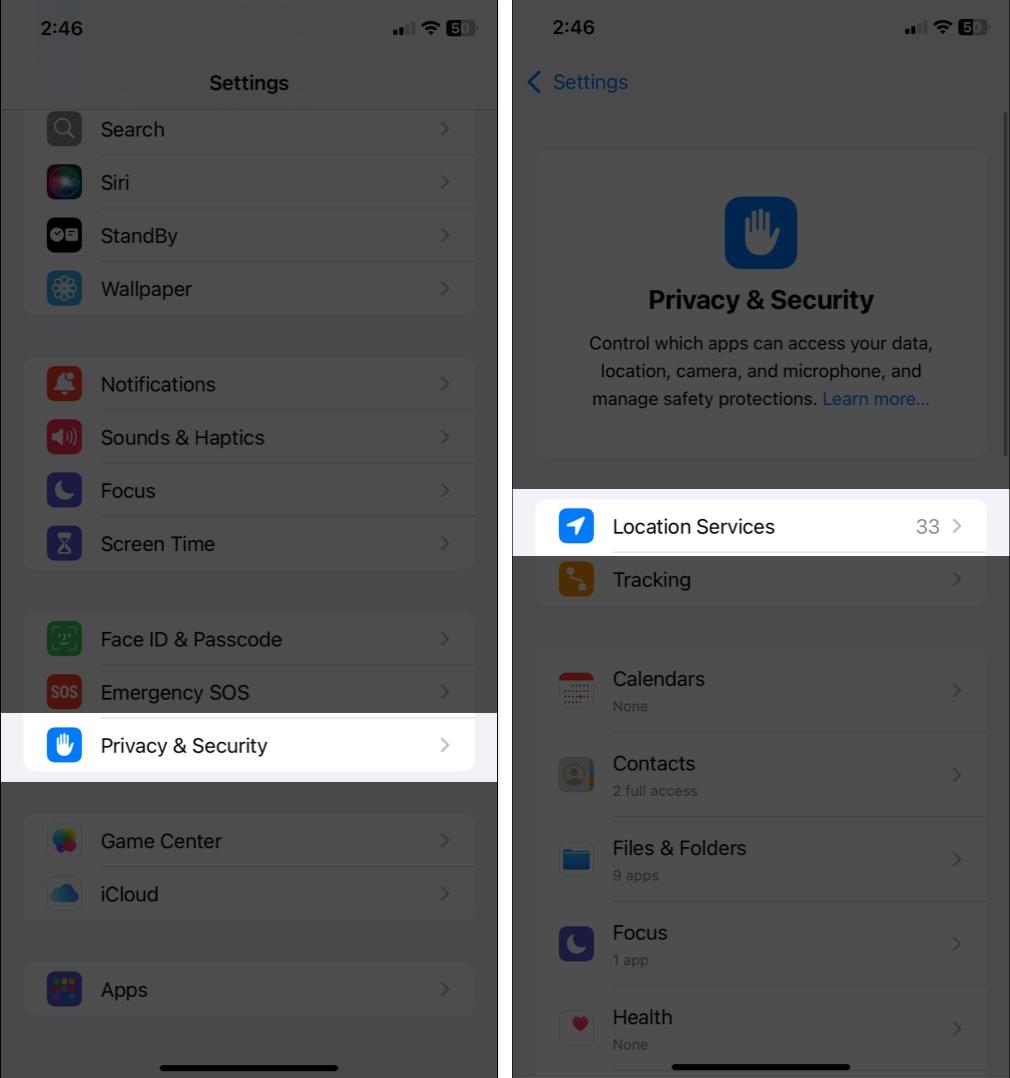 Navigate to Location Services in iPhone Settings under Privacy and Security.