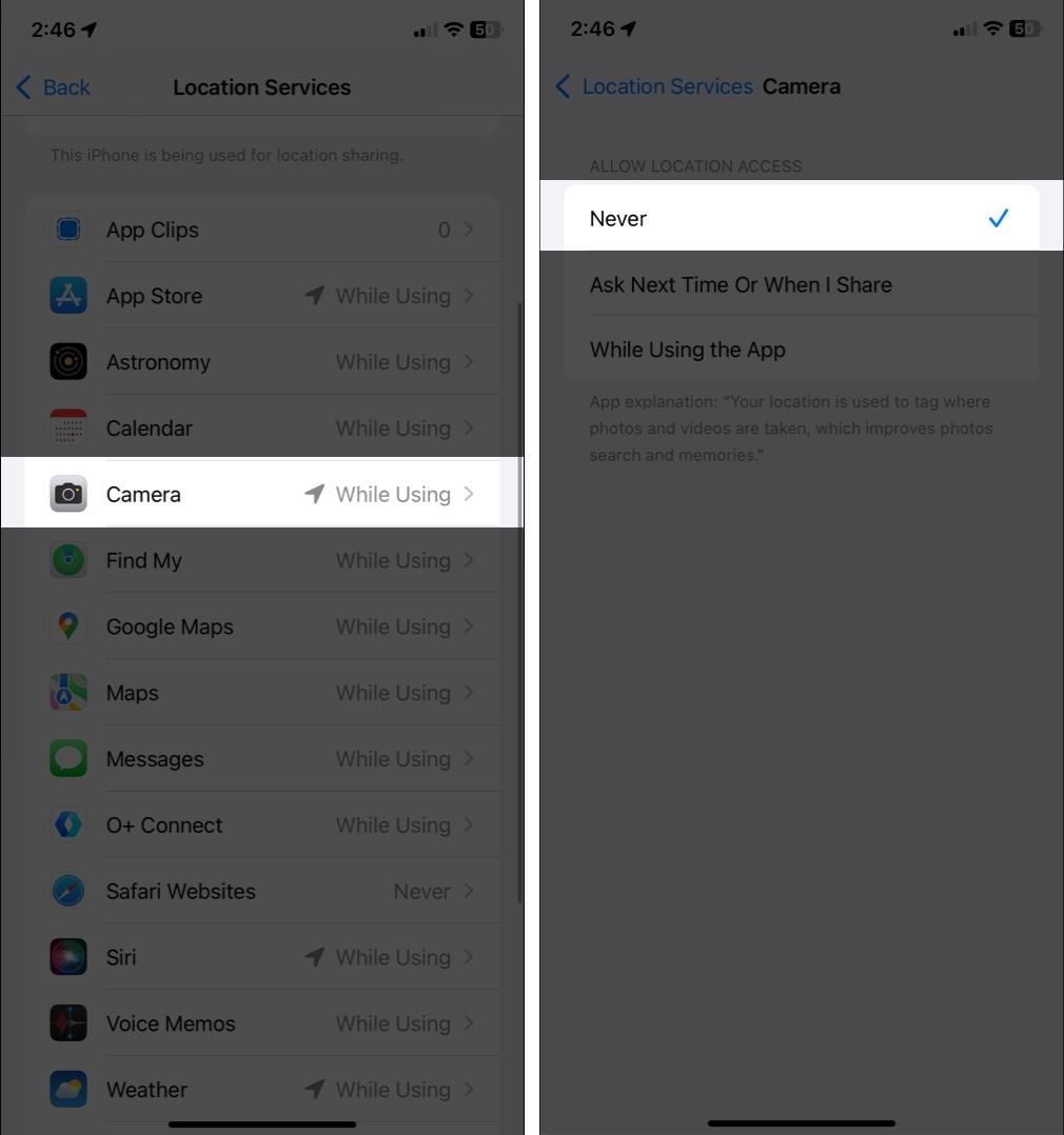 Select Camera in iPhone settings and set location access to Never.