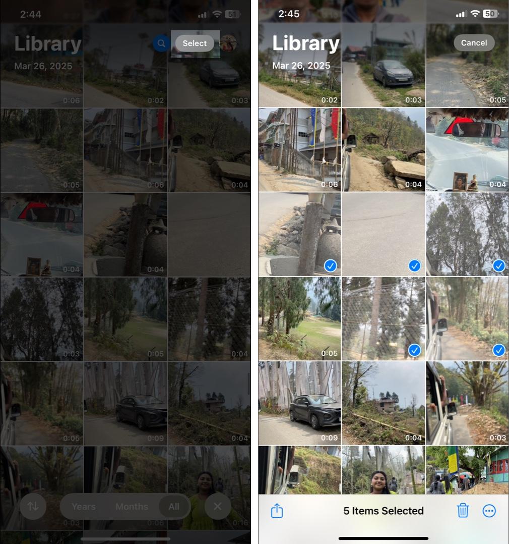 Select multiple photos or videos in iPhone Photos app to change location.
