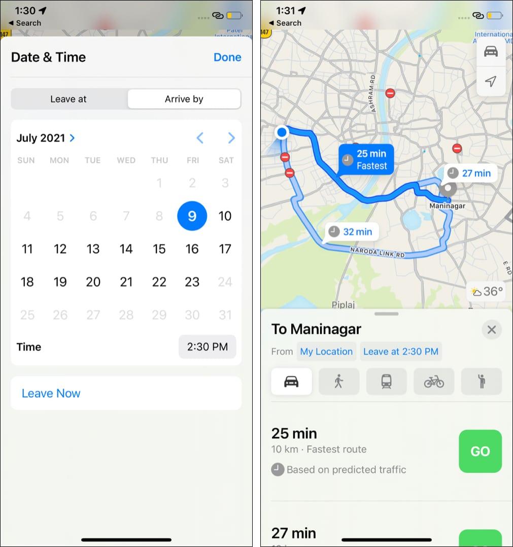 Select Leave at or Arrive by and set time and date