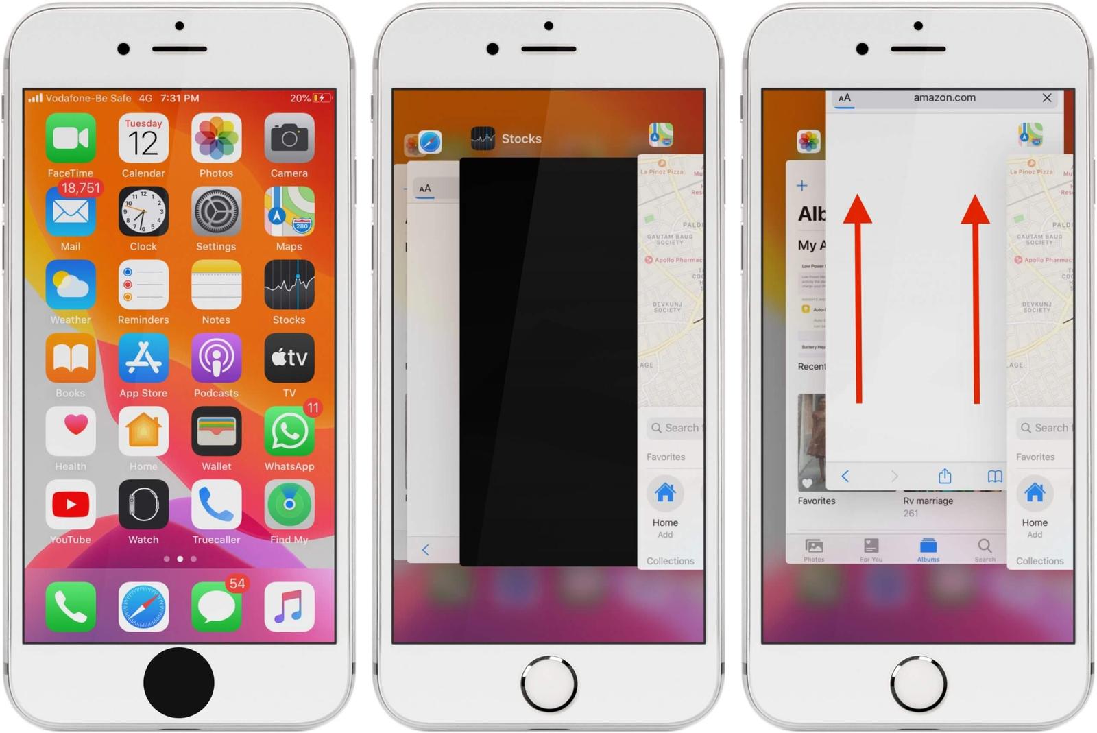 Closing apps on an iPhone with a Home button.
