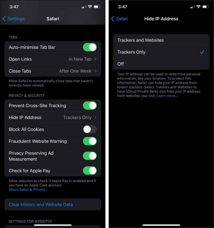 Hide IP address from all websites in Safari in iOS 15
