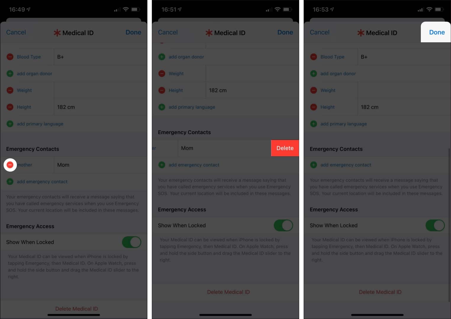 Remove emergency contacts through the health app on iphone