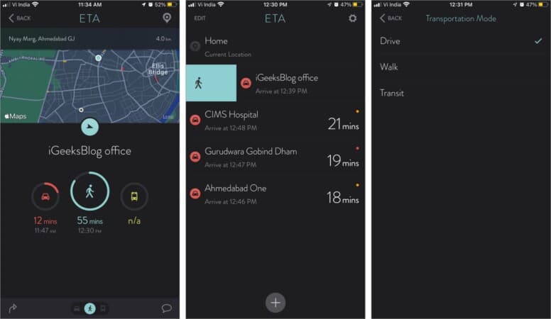 Choose your transportation mode in ETA iPhone app