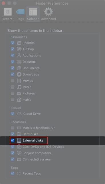 Enable External disks from the Finder on Mac