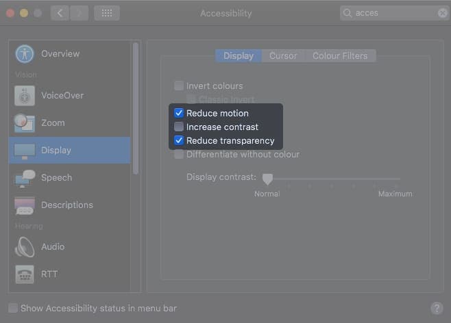 Check Reduce motion and Reduce Transparency on Mac